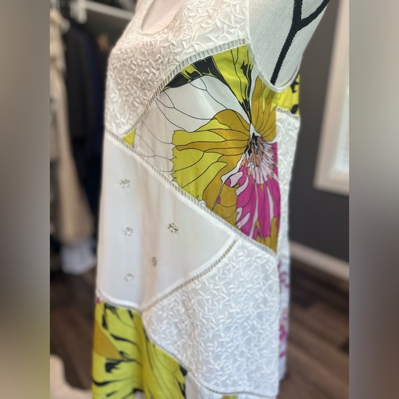 LeifNotes Anthro Dress 4 Guarri White Shift Silk Blend Floral Patchwork Asym - Picture 2 of 6